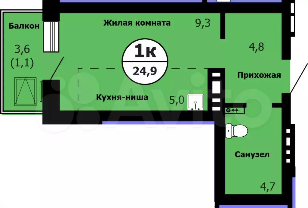 Квартира-студия, 24,9 м, 9/26 эт. - Фото 0