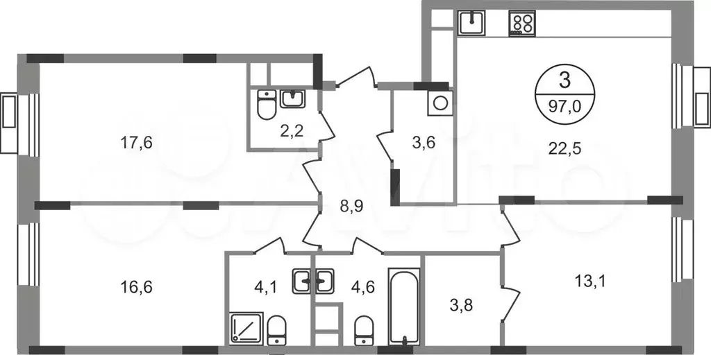 3-к. квартира, 97 м, 3/9 эт. - Фото 0