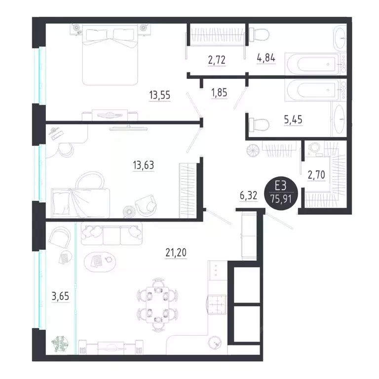 2-к кв. Тульская область, Тула  (75.91 м) - Фото 0