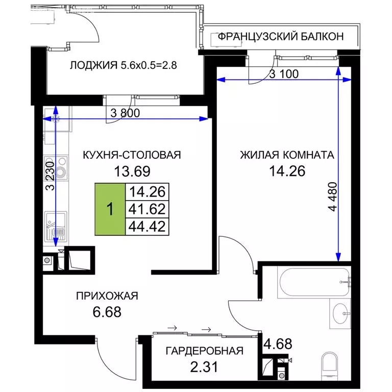 1-комнатная квартира: Краснодар (44.42 м) - Фото 0