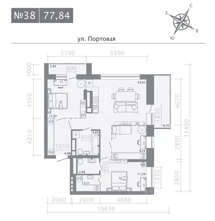 3-к кв. Татарстан, Казань Живи на Портовой жилой комплекс (77.84 м) - Фото 0