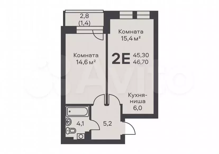 2-к. квартира, 46,7м, 4/6эт. - Фото 0