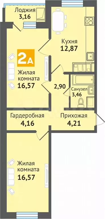 2-к. квартира, 63,9 м, 7/10 эт. - Фото 1