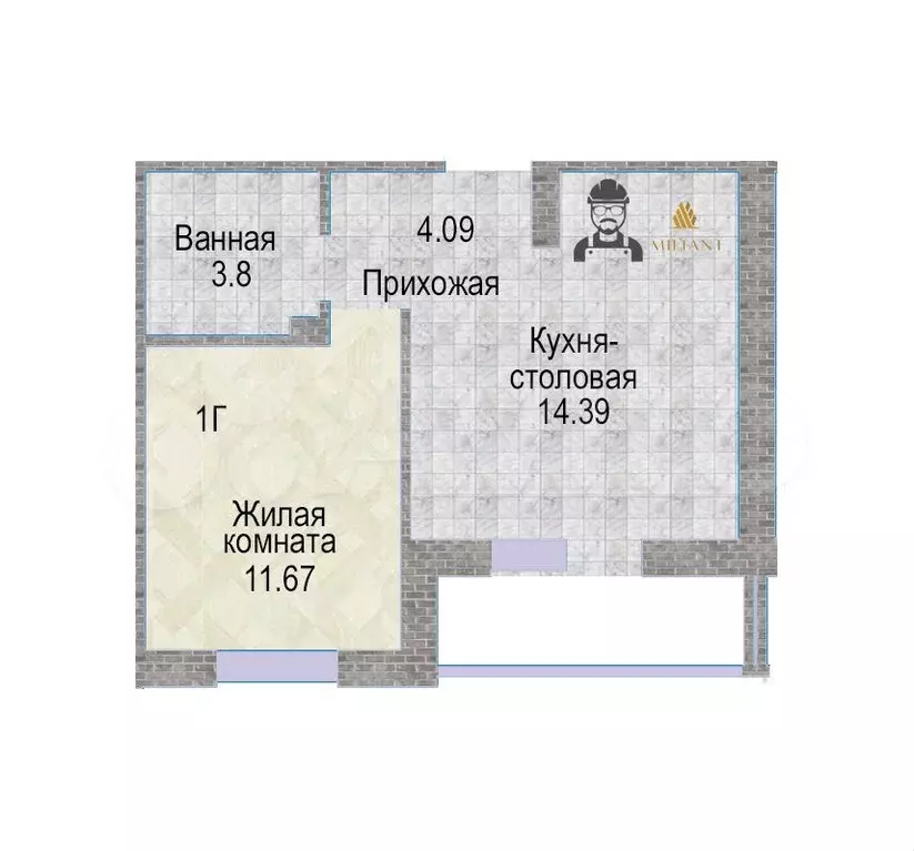 1-к. квартира, 42,9 м, 5/9 эт. - Фото 1