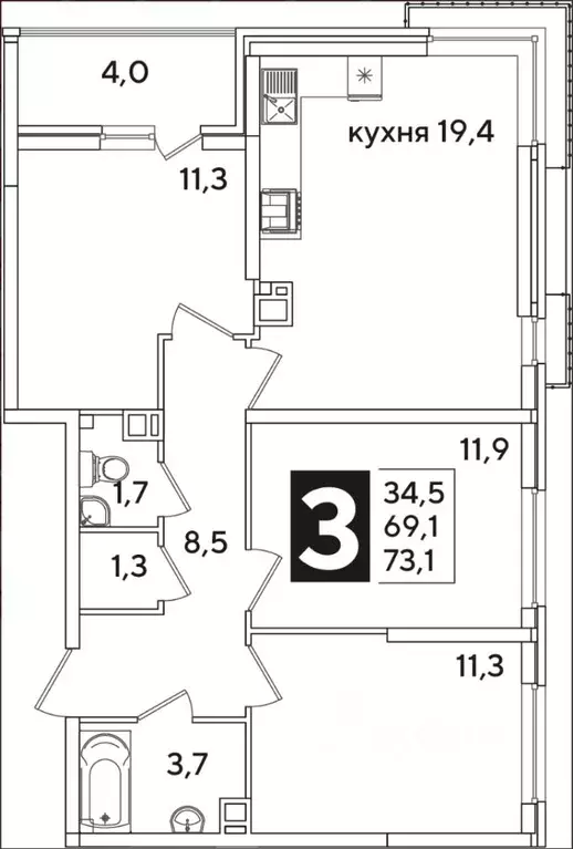 3-к кв. Краснодарский край, Краснодар ул. Ивана Беличенко, 90к1 (73.1 ... - Фото 0