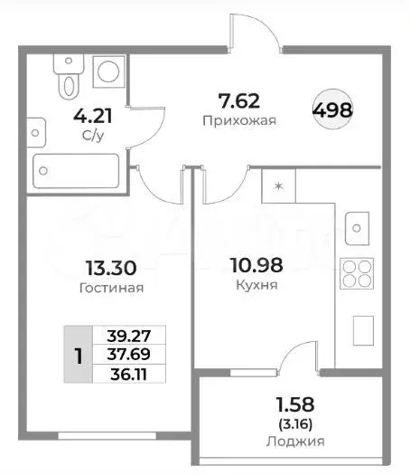 1-к. квартира, 39,3 м, 7/10 эт. - Фото 1