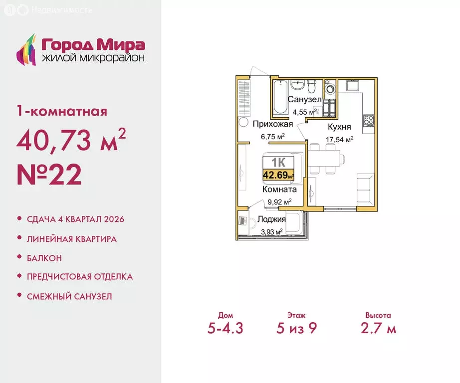 1-комнатная квартира: Симферополь, Центральный район (40.73 м) - Фото 1