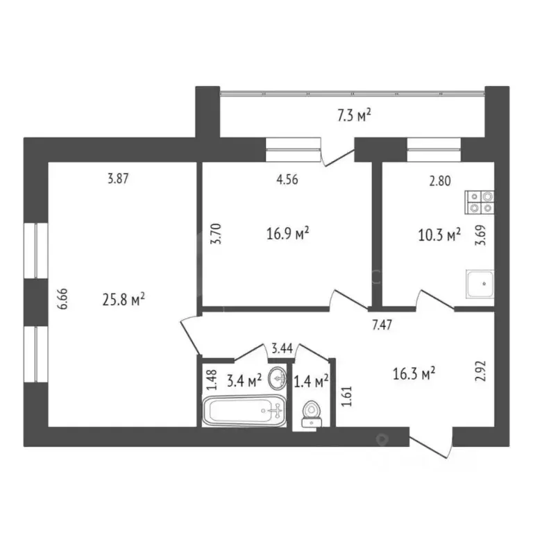 2-к кв. Тюменская область, Тюмень Широтная ул., 152 (51.8 м) - Фото 1