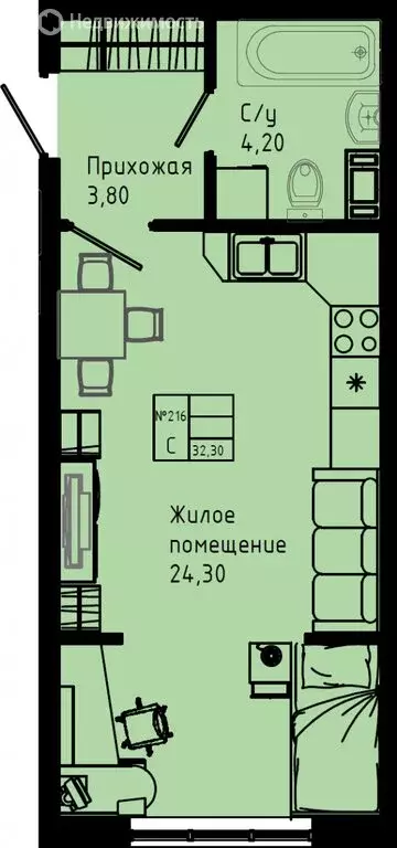 Квартира-студия: Коммунар, Железнодорожная улица, 41к3 (32.3 м) - Фото 1