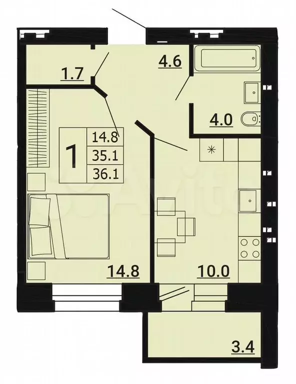 1-к. квартира, 36,1 м, 6/8 эт. - Фото 0