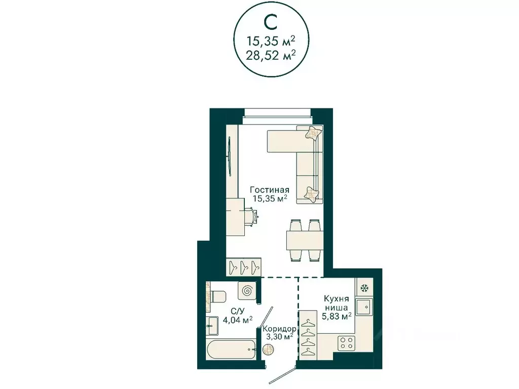 Студия Башкортостан, Уфа Сердце Уфы жилой комплекс (28.52 м) - Фото 2