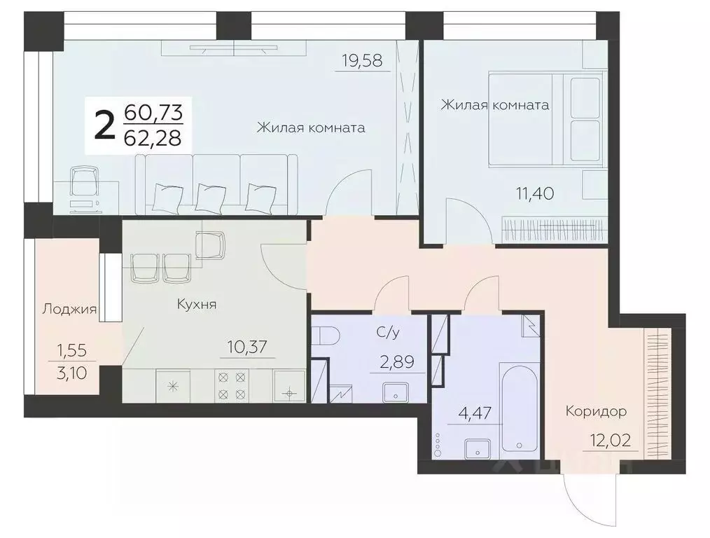 2-к кв. Воронежская область, Воронеж Ленинградская ул., 29Б (62.28 м) - Фото 0