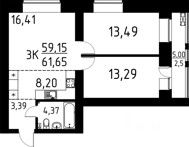 3-к кв. Томская область, Томск ул. Вершинина, 58к2 (61.65 м) - Фото 0
