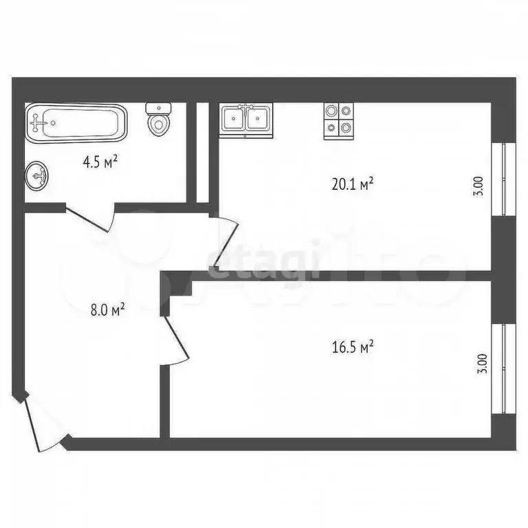 1-к. квартира, 45,1 м, 6/8 эт. - Фото 0