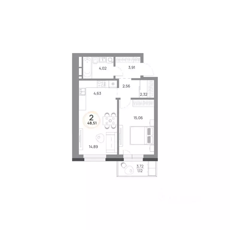 2-к кв. Красноярский край, Красноярск Юдинский жилой комплекс (48.51 ... - Фото 1