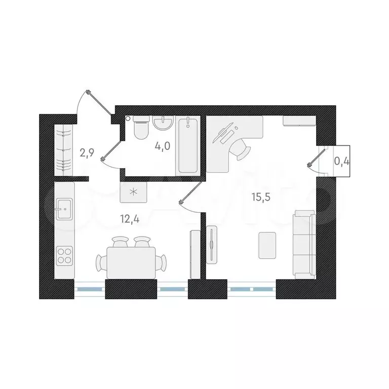 Квартира-студия, 34,8 м, 3/4 эт. - Фото 1