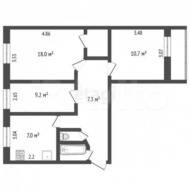 3-к. квартира, 55,1 м, 9/9 эт. - Фото 0