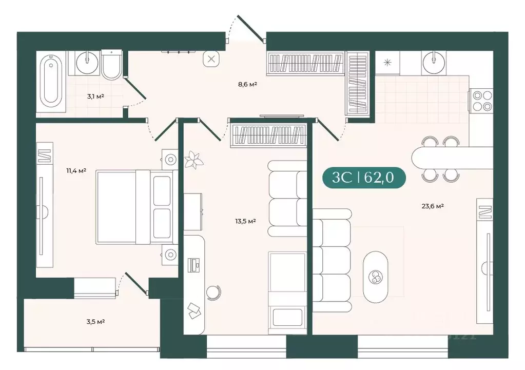 3-к кв. Новосибирская область, Новосибирск  (61.95 м) - Фото 2