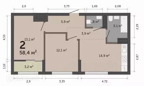 Продаётся 2-к квартира, 58.7 м - Фото 0