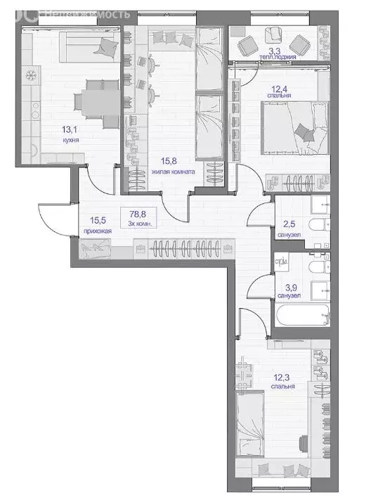 3-комнатная квартира: Красноярск, улица Кутузова, 2с4 (78.8 м) - Фото 1