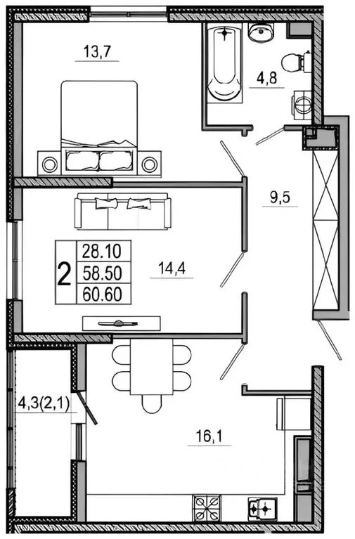 2-к кв. Краснодарский край, Новороссийск ул. Куникова, 55к2 (61.0 м) - Фото 1