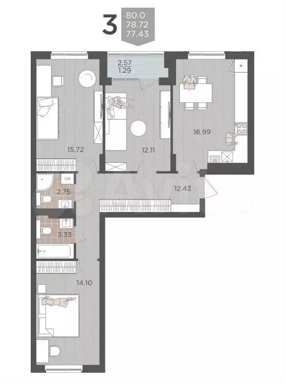 3-к. квартира, 80 м, 2/9 эт. - Фото 1