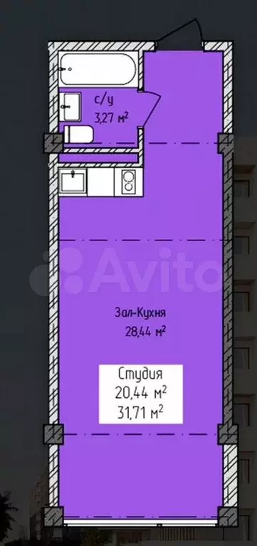 Квартира-студия, 31,7м, 4/8эт. - Фото 1