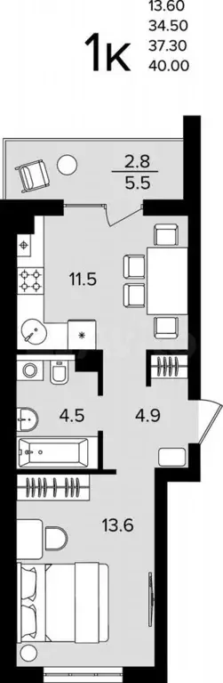 1-к. квартира, 37,3 м, 2/4 эт. - Фото 1