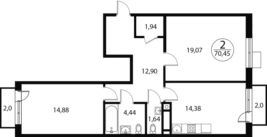 2-к квартира, 70.45 м - Фото 0