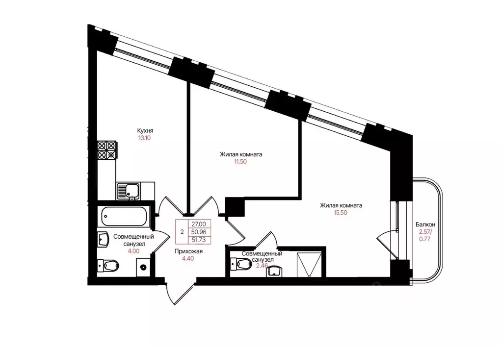 2-к кв. Татарстан, Казань Лето жилой комплекс (51.73 м) - Фото 2