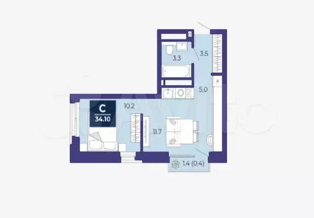 Квартира-студия, 34,1 м, 9/18 эт. - Фото 1