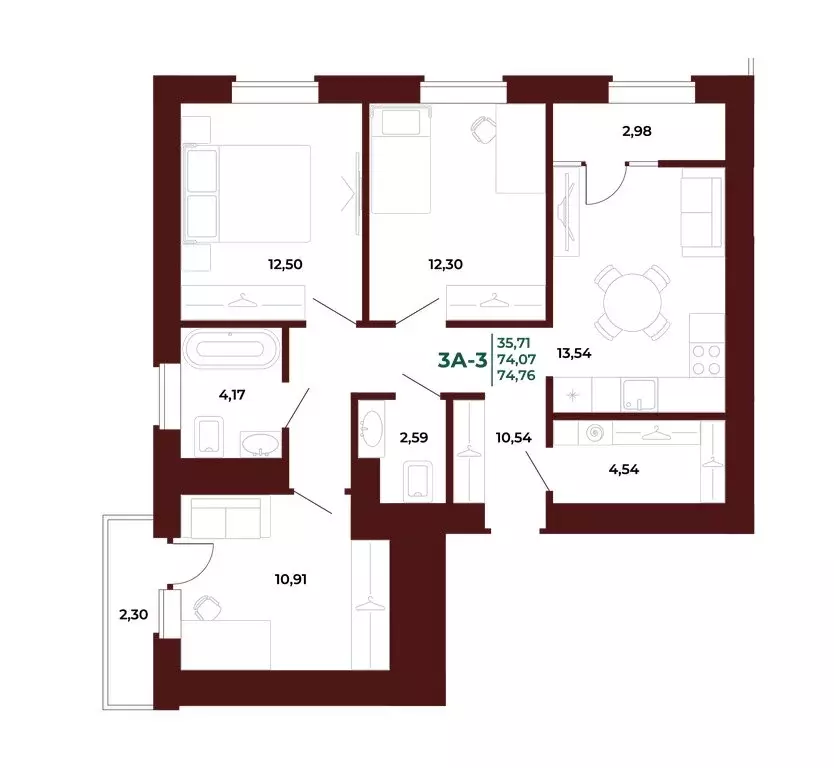 3-комнатная квартира: Пенза, ЖК Арбери (77 м) - Фото 0