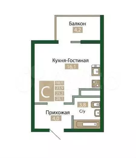 Квартира-студия, 25,2 м, 6/12 эт. - Фото 0