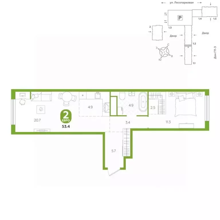 2-к кв. Тюменская область, Тюмень ул. Лесопарковая, 22 (53.4 м) - Фото 1
