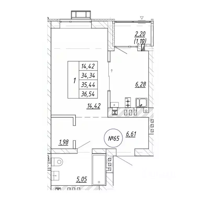 1-к кв. Калининградская область, Зеленоградск  (36.54 м) - Фото 1