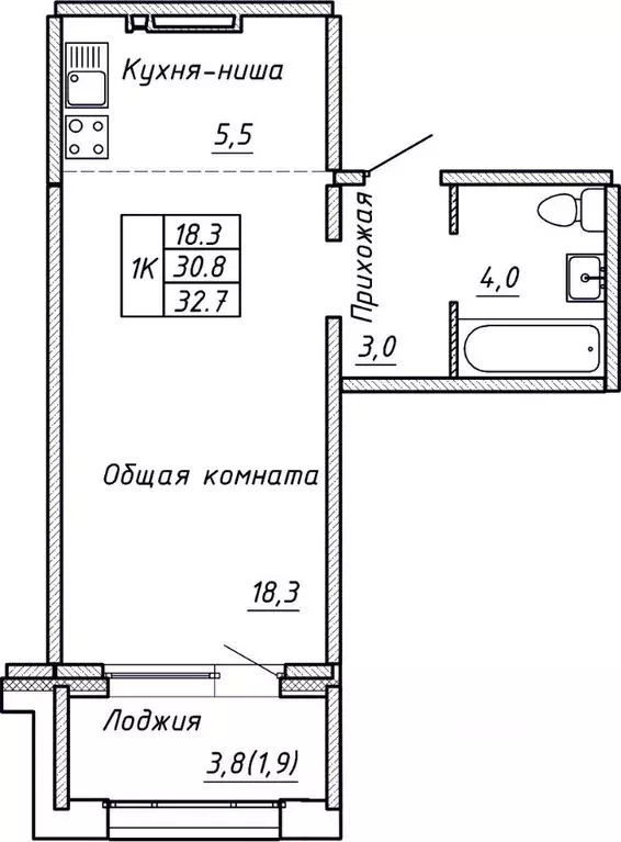 Свободной планировки кв. Новосибирская область, Новосибирск  (32.7 м) - Фото 0