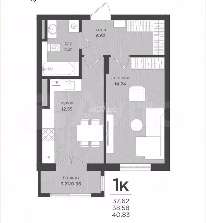 1-к. квартира, 38,6 м, 4/4 эт. - Фото 1