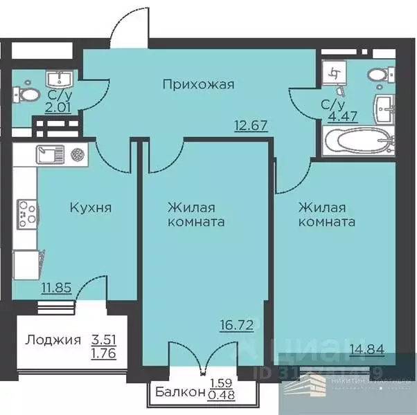 2-к кв. Воронежская область, Воронеж ул. Ломоносова, 116Б (64.8 м) - Фото 0