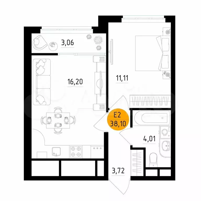 1-к. квартира, 38,1 м, 23/25 эт. - Фото 1