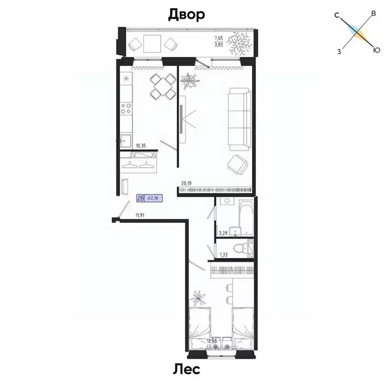 2-к кв. томская область, томск тракт иркутский, 185б (63.36 м) - Фото 0