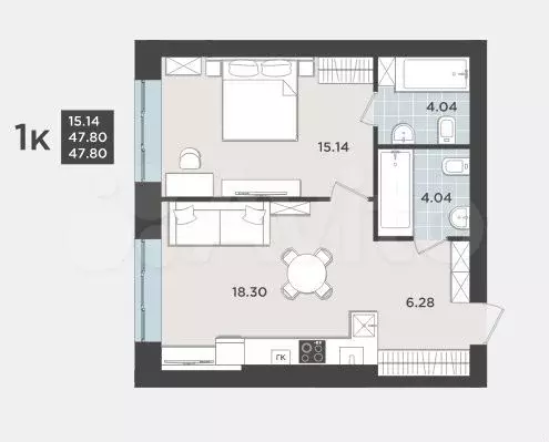 1-к. квартира, 47,8 м, 1/9 эт. - Фото 1