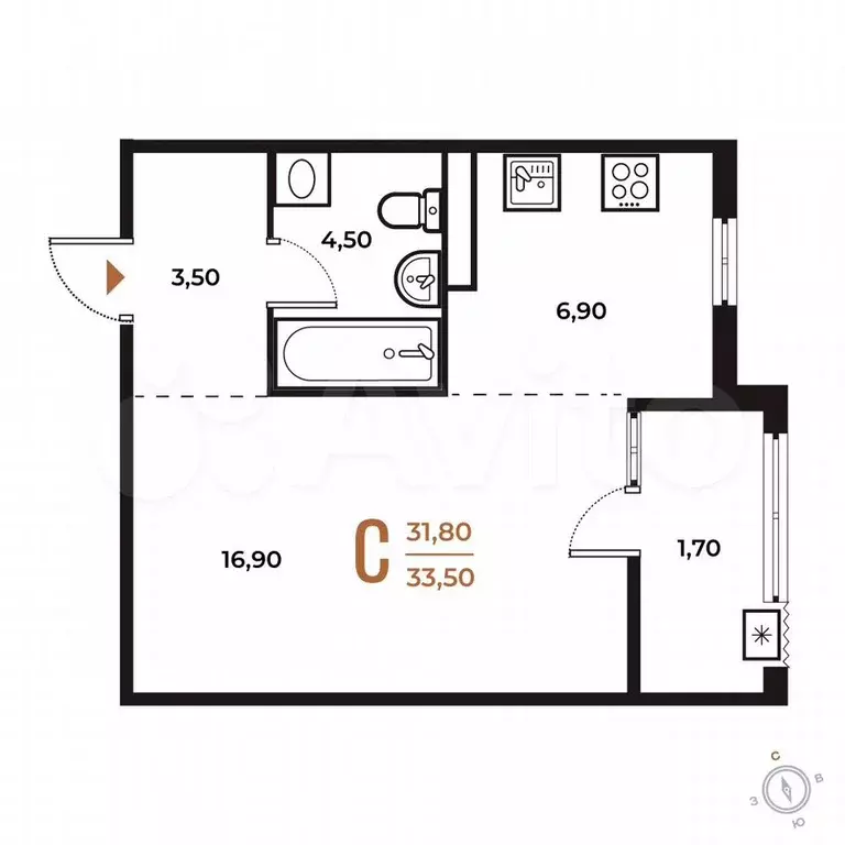Квартира-студия, 33,5 м, 4/8 эт. - Фото 0