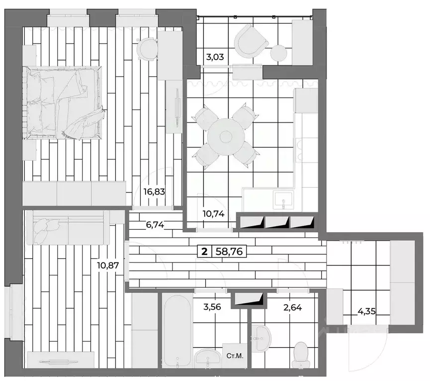 2-к кв. Орловская область, Орел Мясокомбинат мкр,  (57.25 м) - Фото 0