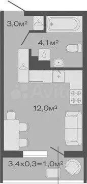 Квартира-студия, 20,1 м, 2/4 эт. - Фото 1