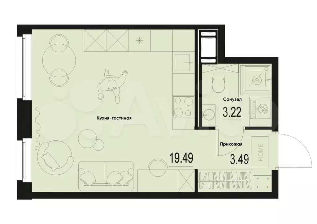 Квартира-студия, 26,2 м, 2/12 эт. - Фото 0