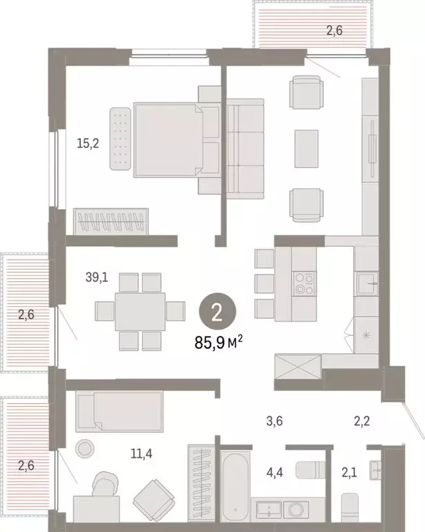 2-комнатная квартира: Тюмень, Мысовская улица, 26к2 (85.89 м) - Фото 0