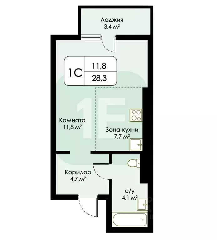 Студия Новосибирская область, Новосибирск ул. Некрасова, 41 (28.3 м) - Фото 1