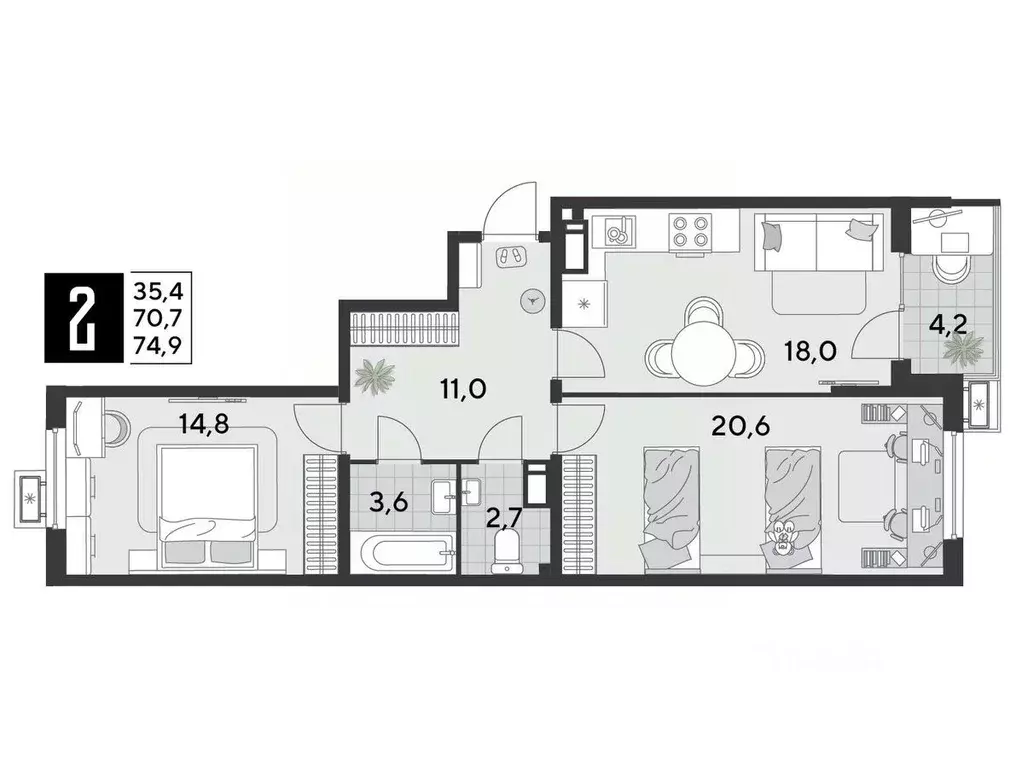 2-к кв. Краснодарский край, Краснодар Парк Победы мкр,  (74.9 м) - Фото 1
