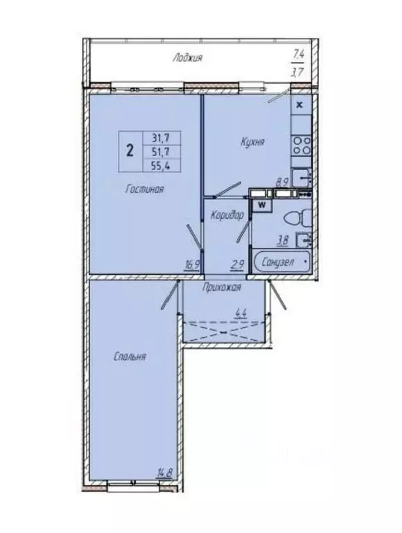 2-к кв. Кемеровская область, Кемерово ул. 2-я Заречная, 20 (51.7 м) - Фото 1