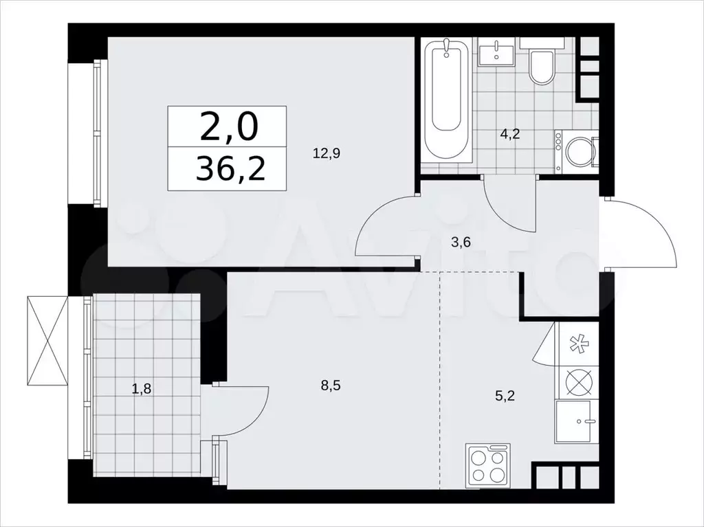 2-к. квартира, 36,2м, 14/21эт. - Фото 1